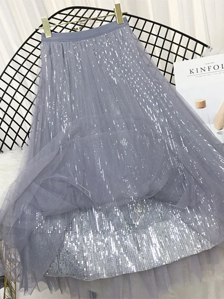 Sequined Pleated A Line Midi Skirt Chic High Waist