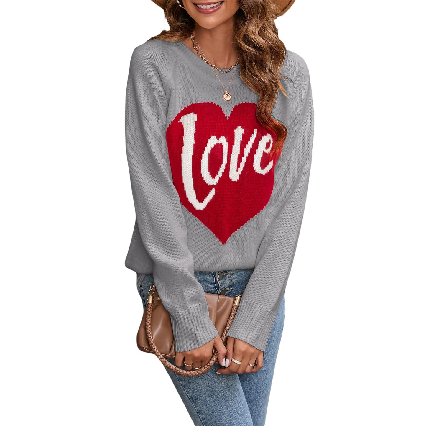 Women s Valentine s Day Heart Patterned Knit Pullover Sweater with Round Neck and Long Sleeves Cozy Loose Fit Casual