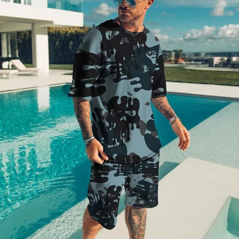 Fashionable men's sportswear summer beach short sleeved 3D printed shirt set street wear T-shirt shorts men's loose size clothes