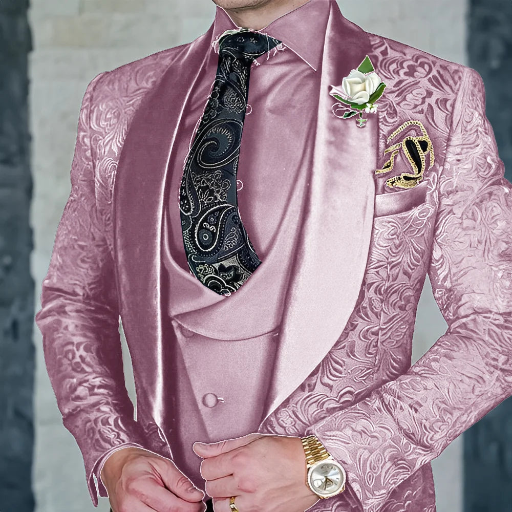 Jacquard Men's 3-piece Suit Set Formal Party Dress Groom's Tuxedo High Quality Elegant Men's Customized Outfit