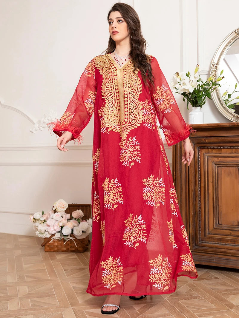 Charming banquet style Round neck Printed Embroidery Regular sleeve Kaftan suitable for all seasons