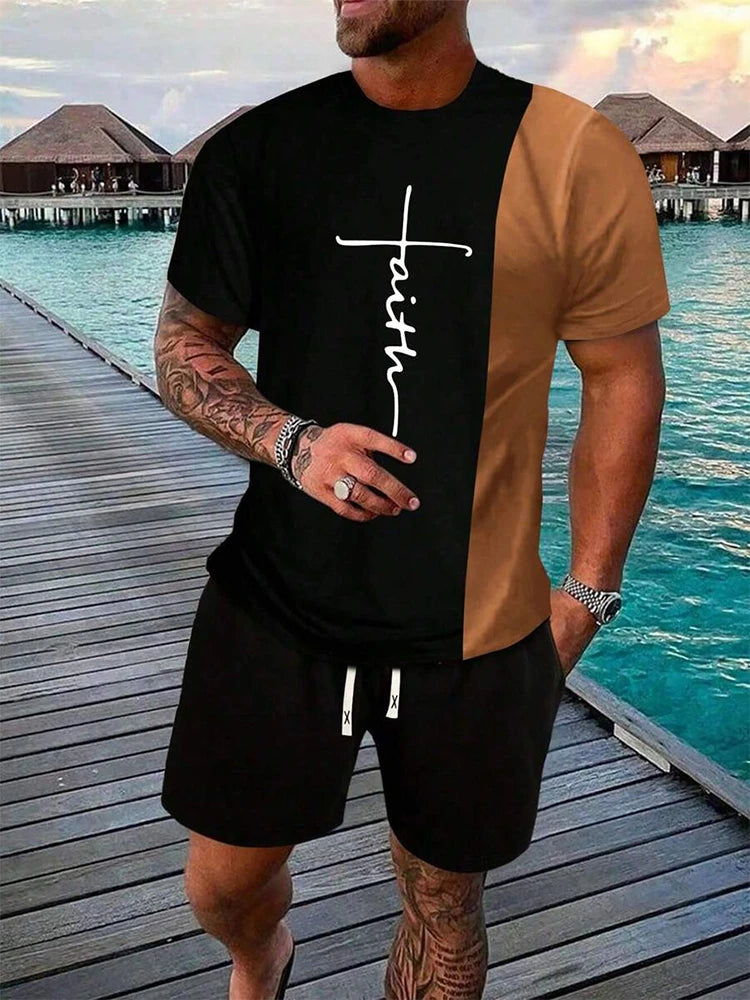 Urban street fashion trend men's crew neck short sleeve suit outdoor simple crew neck top casual and comfortable shorts