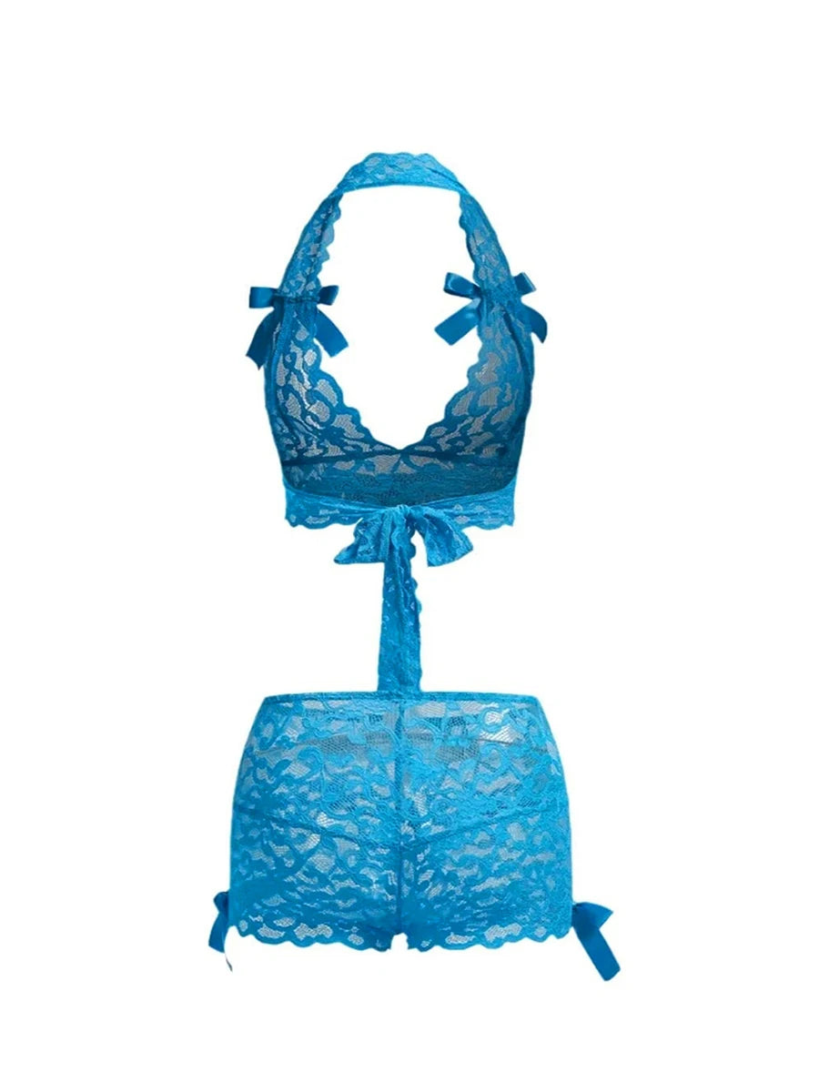 Seductive Lace Lingerie Set with Halter Neck Top and Matching Shorts for Women - Floral Lace Sleeveless
