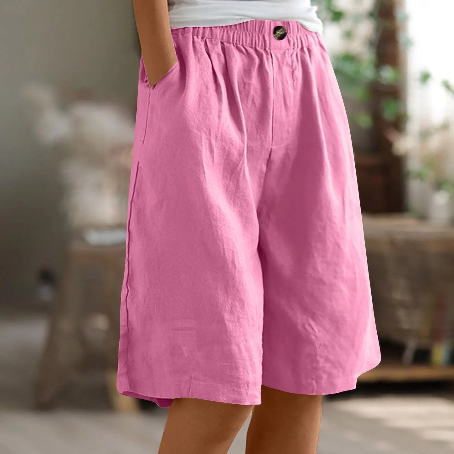 Women's Fashion Solid Color Shorts Pocket Button Up Capris Loose Elastic Waist Cotton Linen Shorts