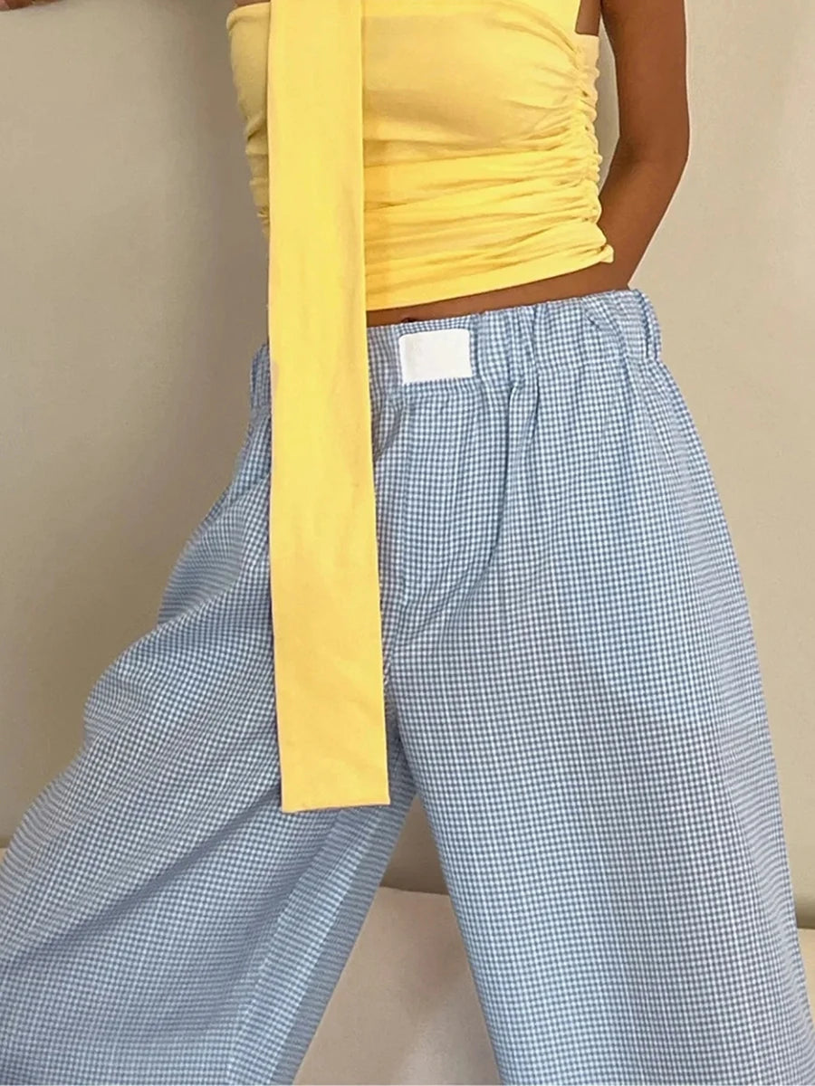 Women s Casual High Waist Wide Leg Palazzo Pants with Drawstring Elastic Waistband and Stylish Plaid Print