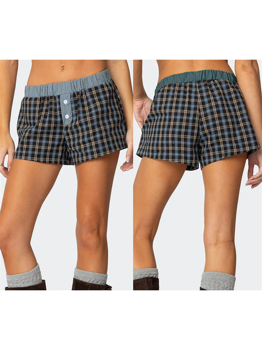 Women s Plaid Print Boxer Shorts with Pockets and Elastic Waistband Comfortable Lounge Shorts for Relaxing at Home