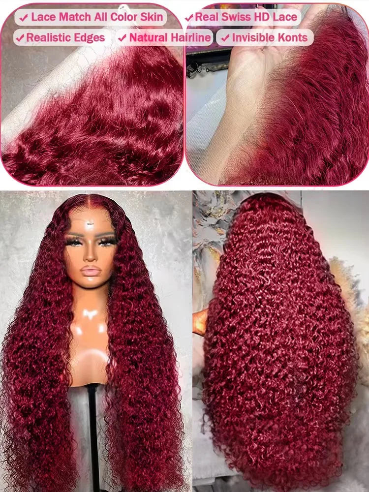 250 Density 13x4 Curly 99J Burgundy Colored Lace Front Wig 30 40 Inch Deep Wave 13x6 HD Lace Frontal Human Hair Wigs