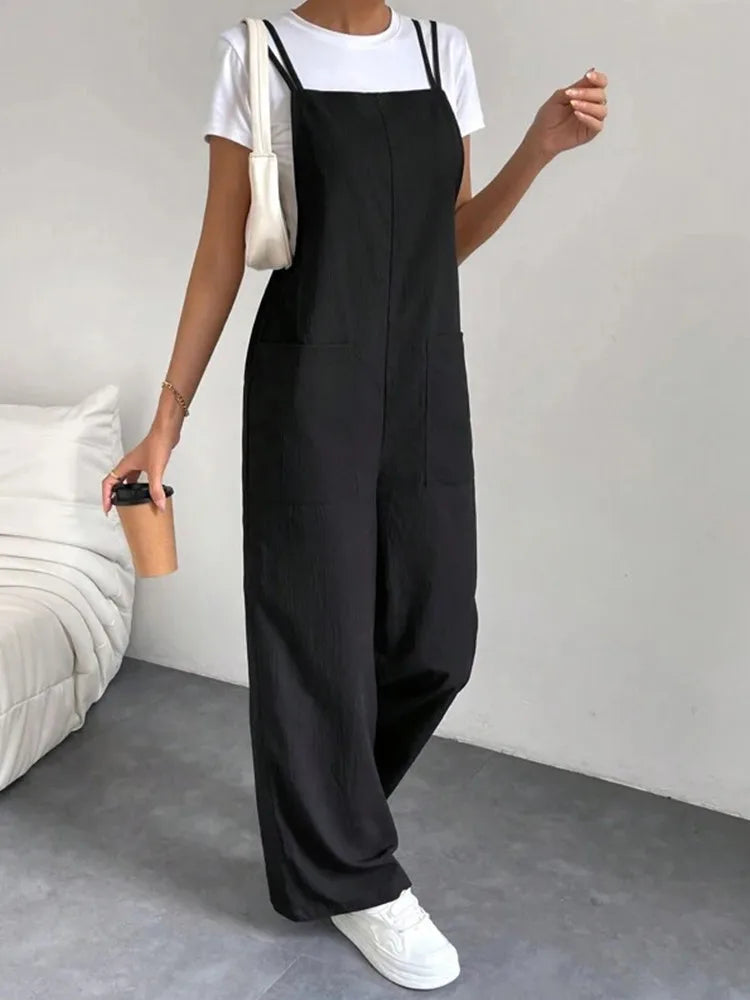 Fashion Casual Women's Solid Black Color Pants Pocket Double Shoulder Thin Straps Straight Overalls Wide-leg Long Pants