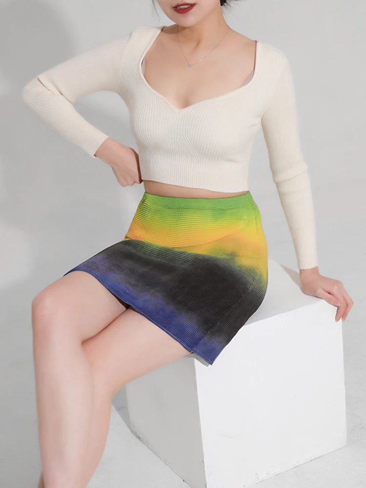 Color Block Pleated Short Skirt