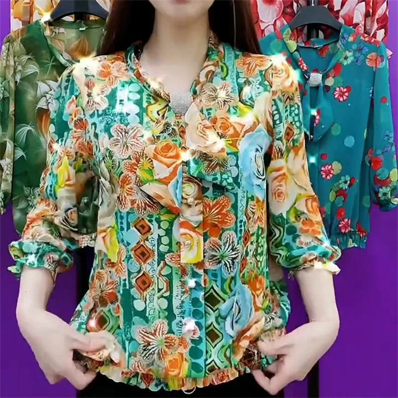 Ruffles Bow Rhinestone Floral Print Blouse