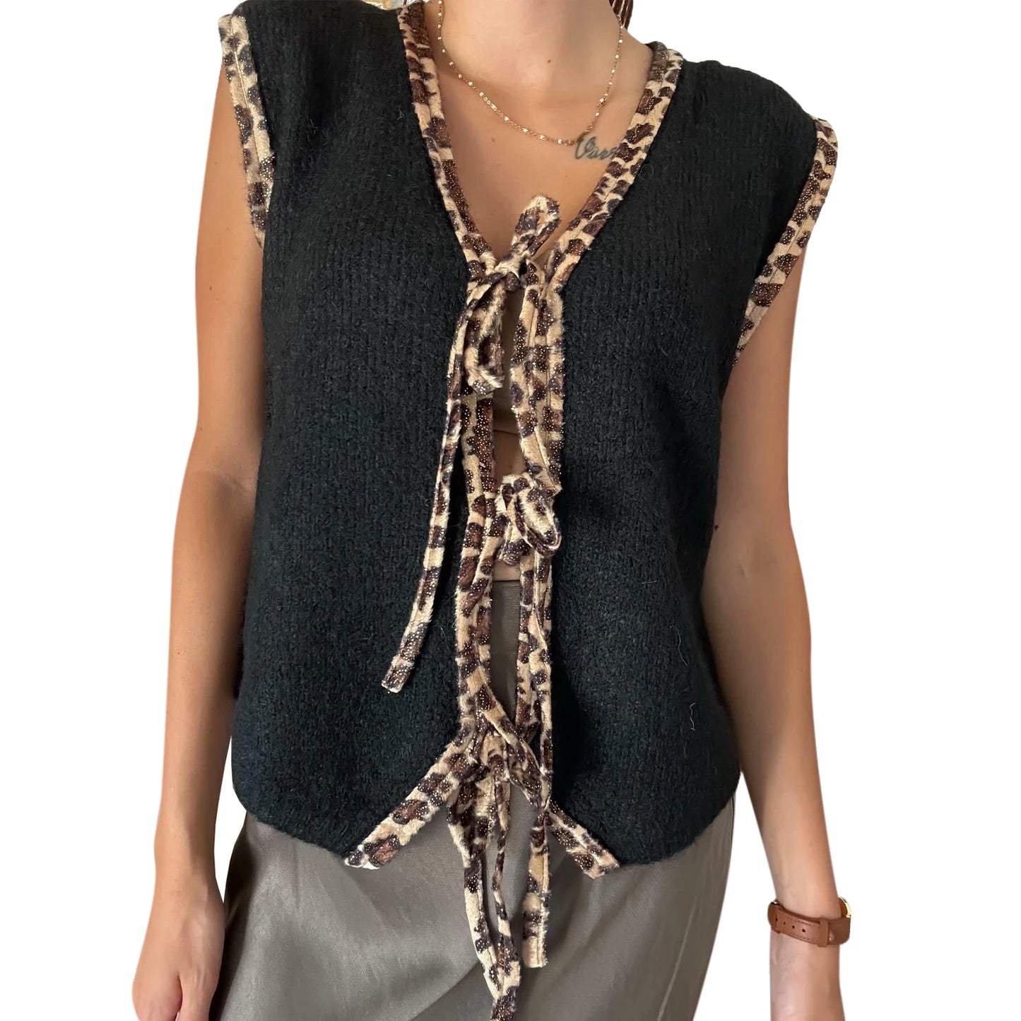 Women s Sleeveless Knit Sweater Vest with V Neckline and Leopard Print Patchwork Casual Tie-up  for a Stylish Look