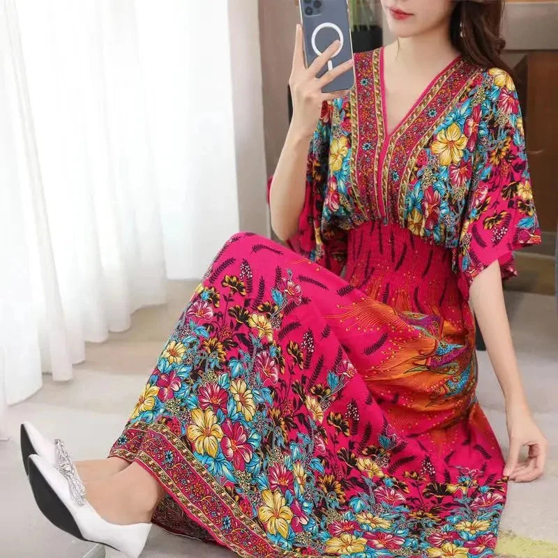 Colorful Flower V-neck Elastic Youthful Bohemian Sweet Midi Dress Woman Clothes Chic Fashion Summer Dresses