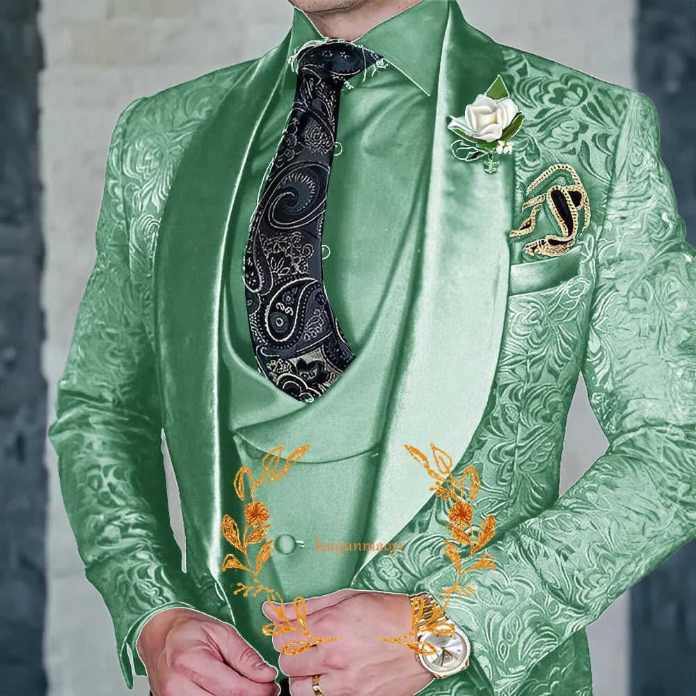 Jacquard Elegant Men's 3 Piece Suit Set Wedding Groom Tuxedo Jacket Pants Vest Formal Party Dress