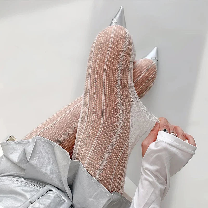 Women's Fishnet Tights Sexy Geometric Striped Pantyhose Rattan Mesh Lace Gothic Cute Seamless Fishnet Legging