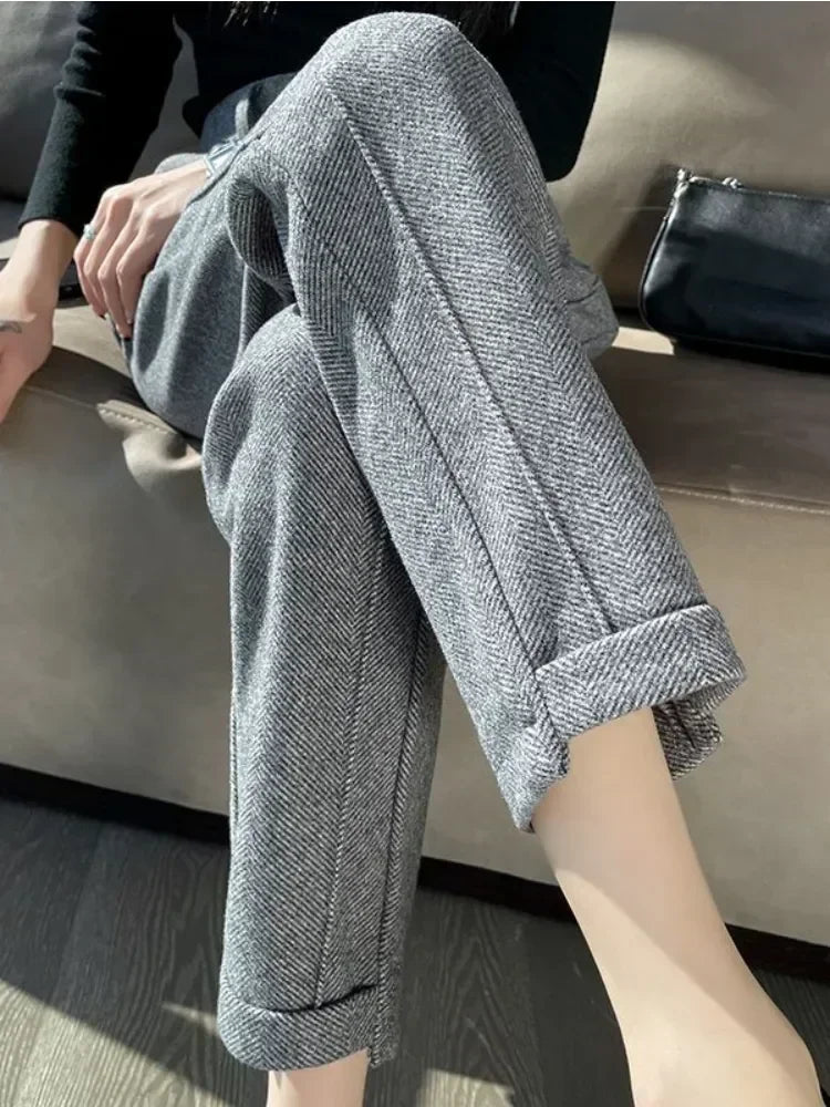 High-waisted Tweed Straight Pants Loose Casual Herringbone  Cropped Trousers
