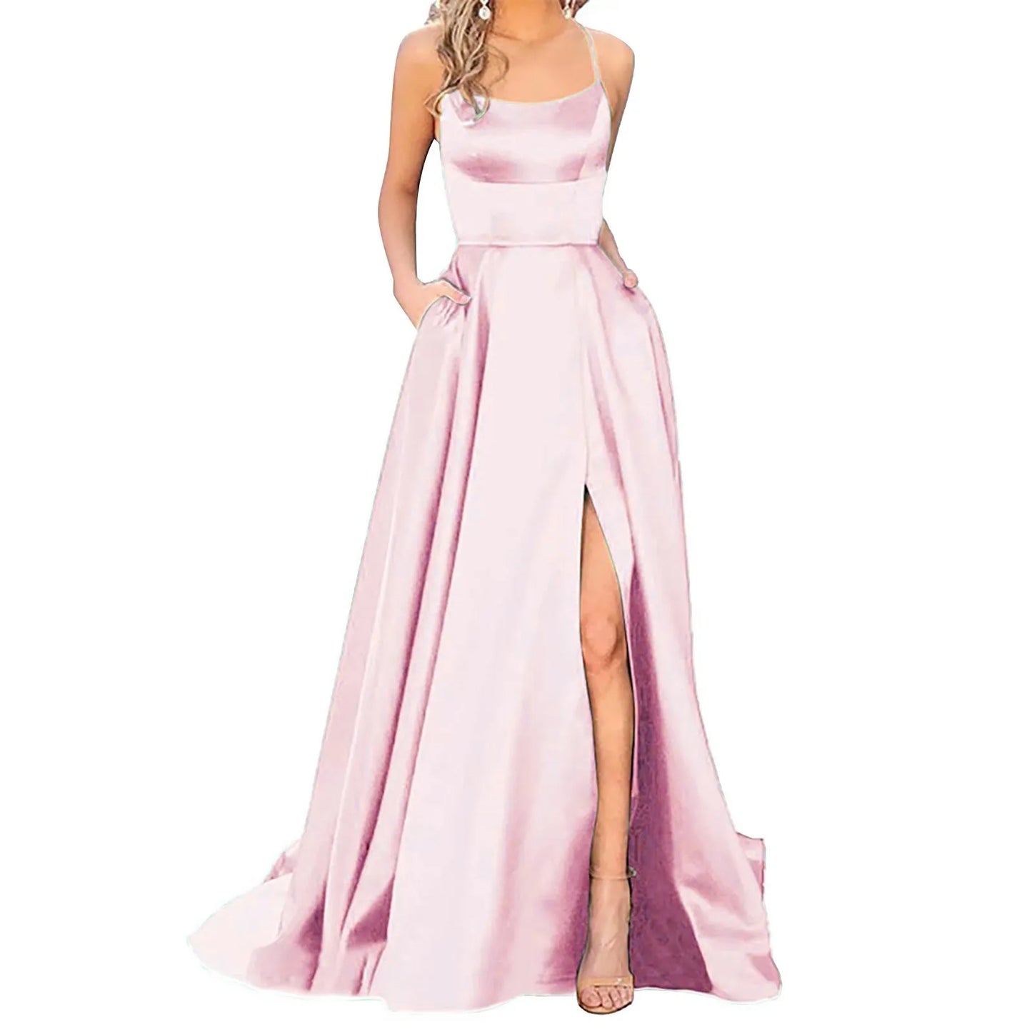 Women's  Satin Halter Backless Prom Dress Elegant High Slits Spaghetti Strap Evening Dress