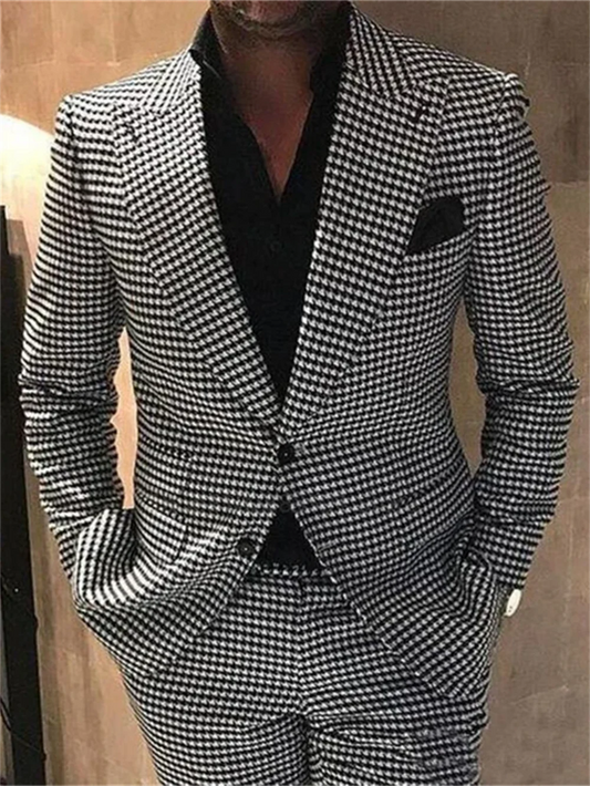 2 Piece Men Suits Houndstooth Checked Groom Tuxedos Male Fashion Clothes Set Jacket with Pants