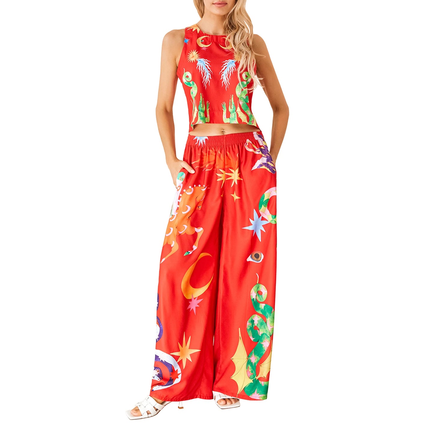 Women s Retro Style Crop Top and High Waisted Wide Leg Pants Set with Abstract Print Sleeveless Tank Top and Loose Fit