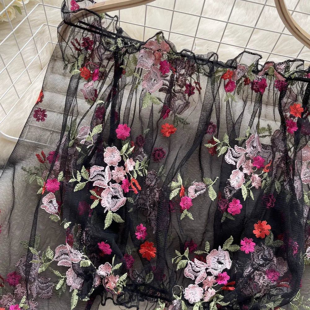 Summer loose bubble sleeves short section long sleeved lace shirt one shoulder mesh embroidery perspective shirts for women