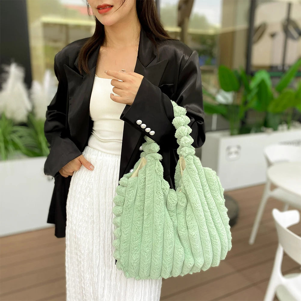 Plush Tote Handbag Large Capacity Soft Satchel Bag Versatile