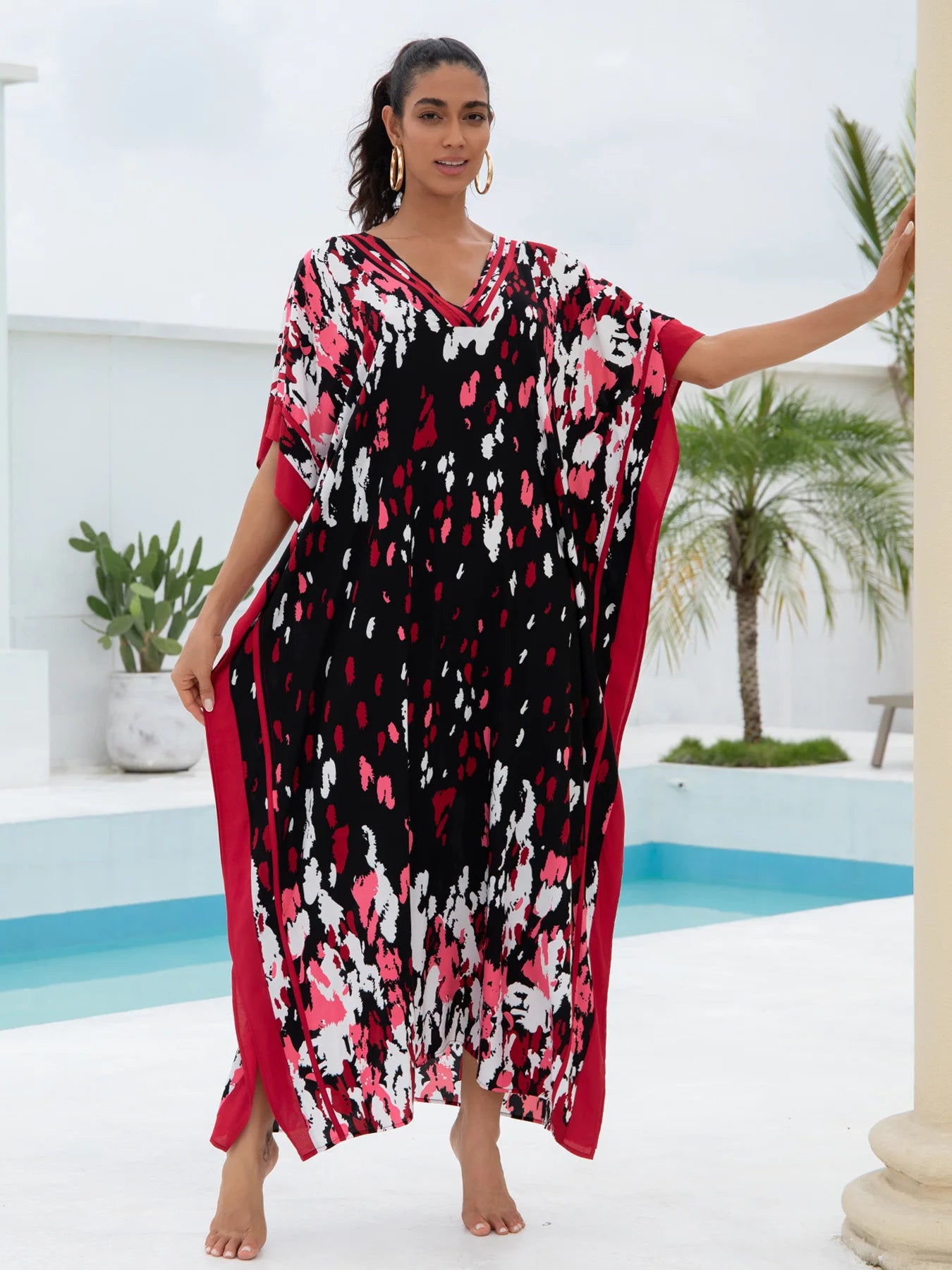 Black Red Print Women  Loose Fitting Long Robe Beach Vacation V-neck Sunscreen Clothing Kaftan