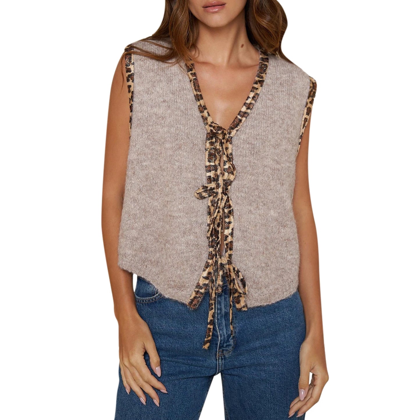 Women s Sleeveless Knit Sweater Vest with V Neckline and Leopard Print Patchwork Casual Tie-up  for a Stylish Look