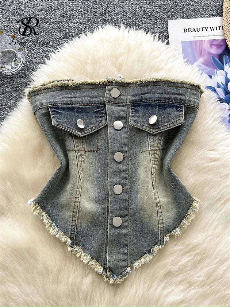 SINGREINY American Retro Strapless Denim Top Women Elastic Ruched Irregular Fashion Blouse Hotsweet Short Beach Sexy Tank Top