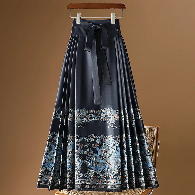 Vintage Maxi Chinese Style Horse Face Skirts  Pleated