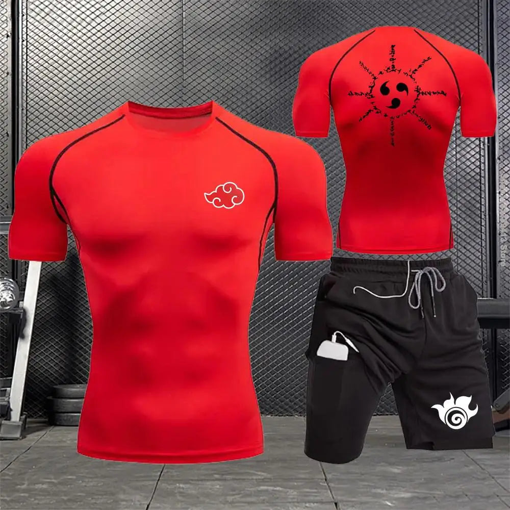 Jogging Breathable Compression Sportswear Summer Men's Training Two-piece Tight T-shirt Fitness Shorts Gym Workout Set S-3xl