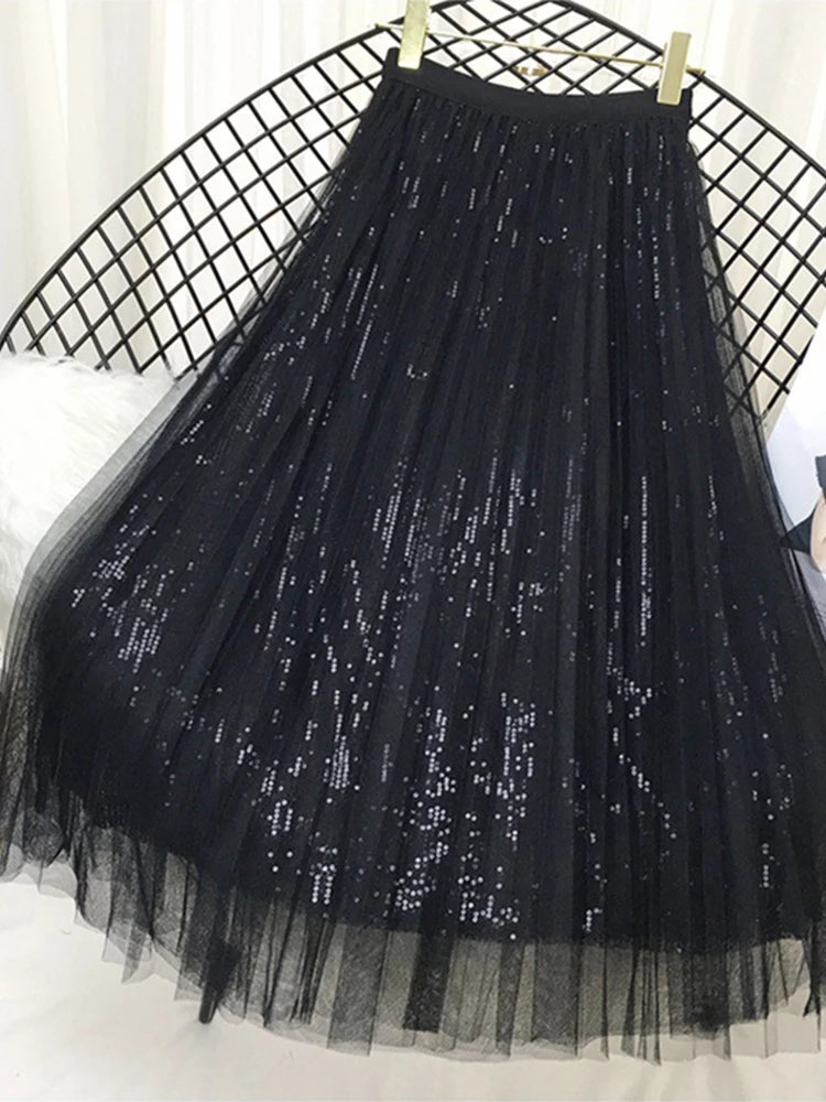 Sequined Pleated A Line Midi Skirt Chic High Waist