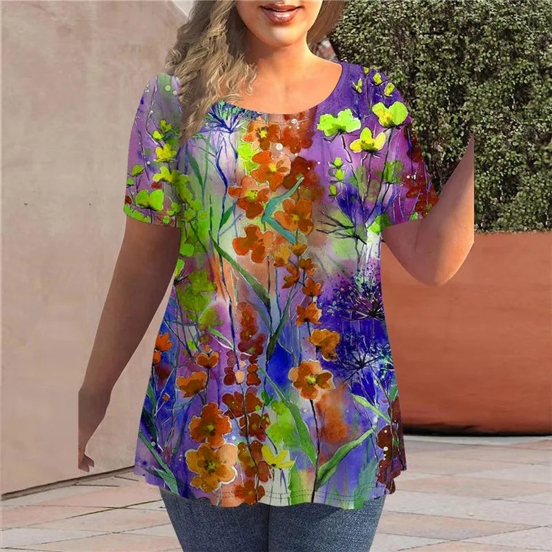 Women's T-Shirts Spring Clothing Floral Graphic O-Neck Pullovers Short Sleeve Tops Streetwear Oversized Apparel Ladies