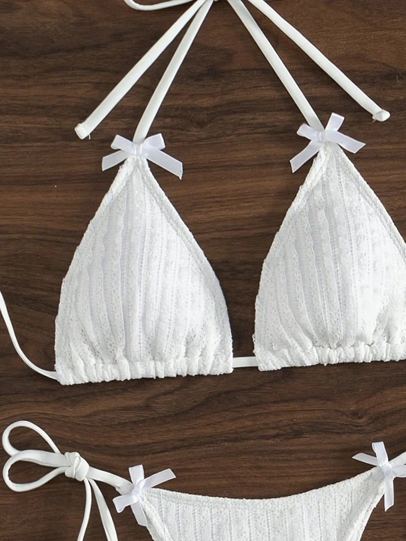 Solid Color White 2 Piece Swimsuit  Bow Triangle Halter Backless Bikini Set Lace-up Thong Bathing Suit Swimwear