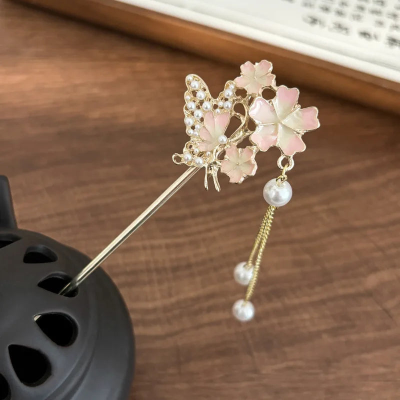 Classic Hair Stick Peach-blossom Hair Chopsticks Gold Plated Prong Updo Chignon Hairpin For Women Chinese Style