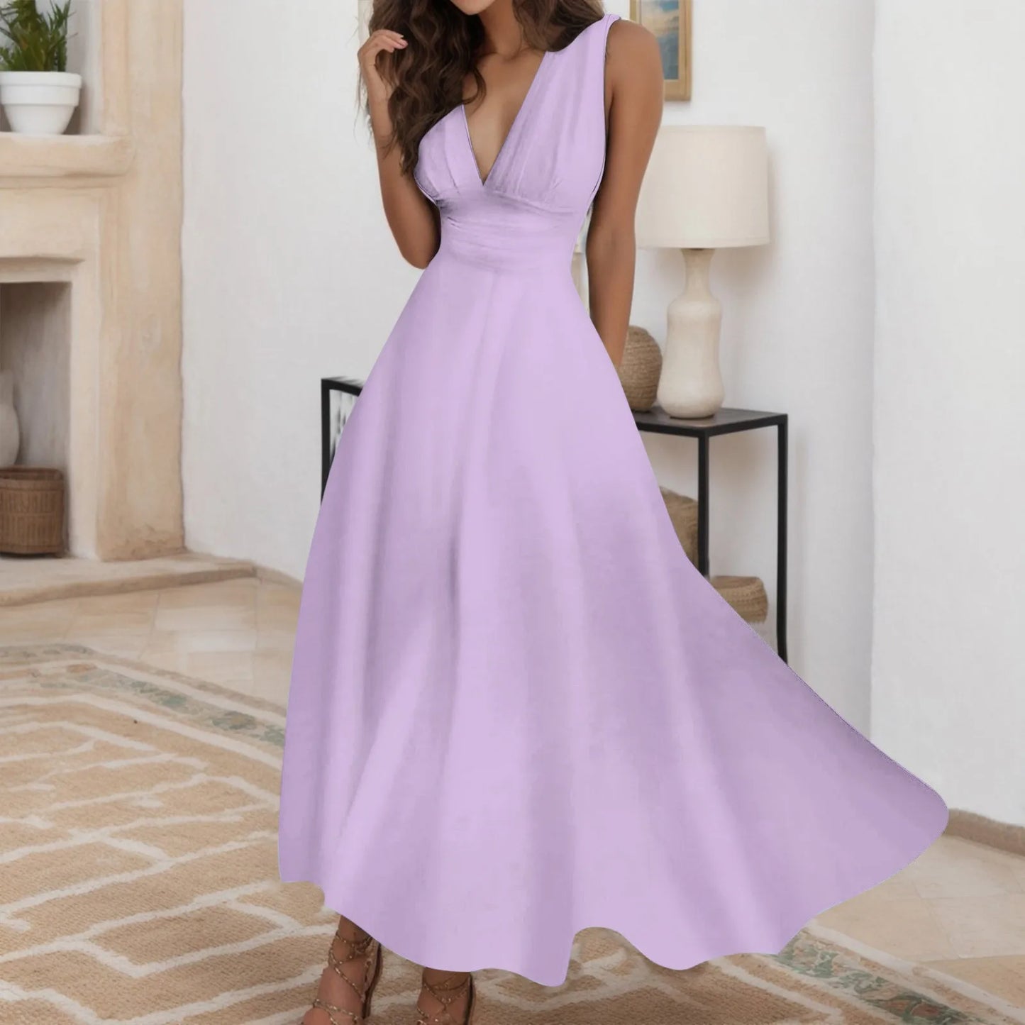 Women's Elegant A Line Sleeveless Midi Dress Casual Female V-neck Tunic Waist Swing Dress Wrap Long Dresses