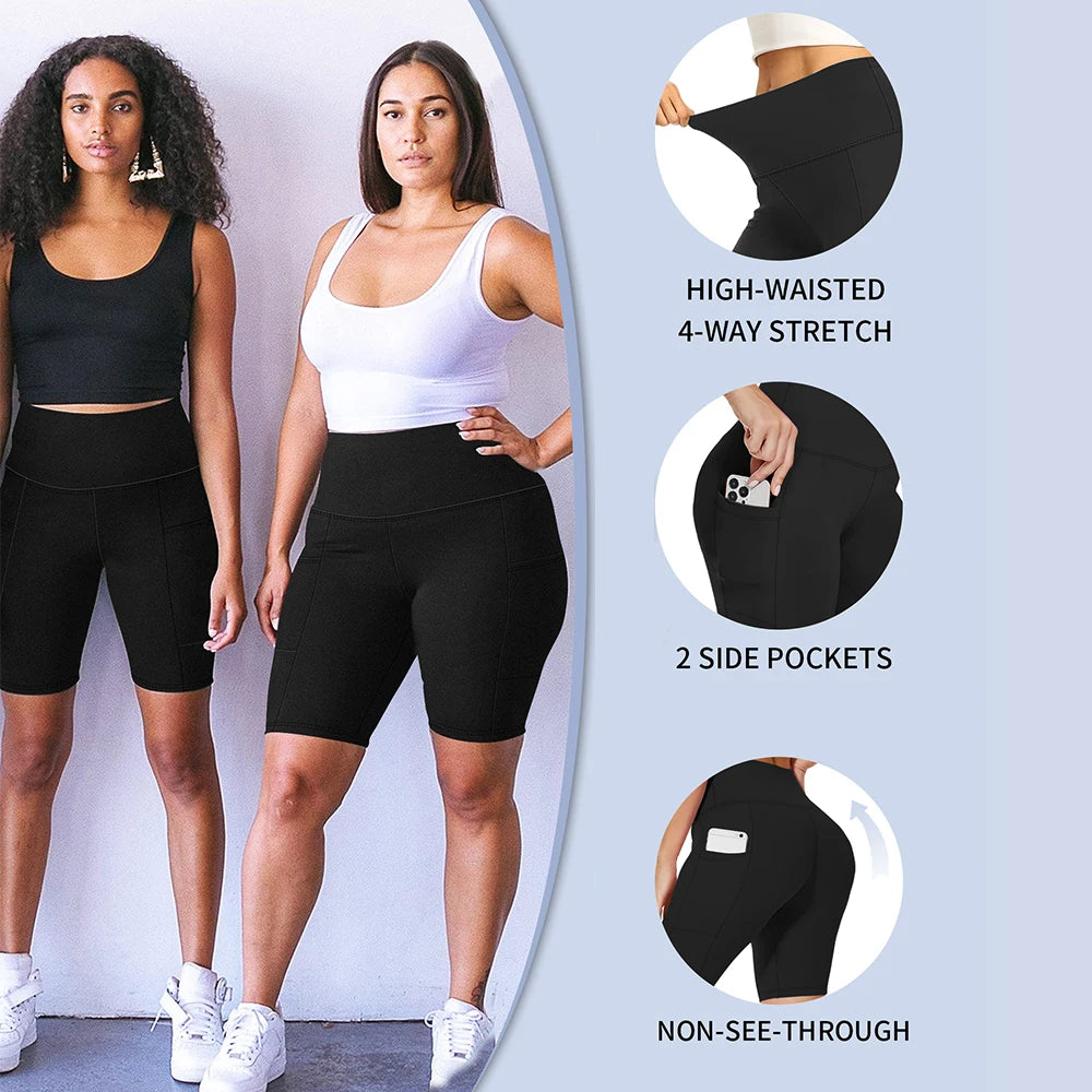 Plus-size 3 Pack High Waisted Workout Shorts  Yoga Biker Shorts Two Side Pockets