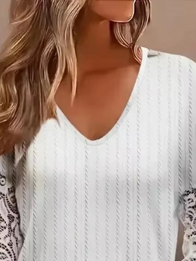 Women's Casual Comfortable Loose T-shirt Ladies Fashion Lace Lantern Sleeve V Neck Top