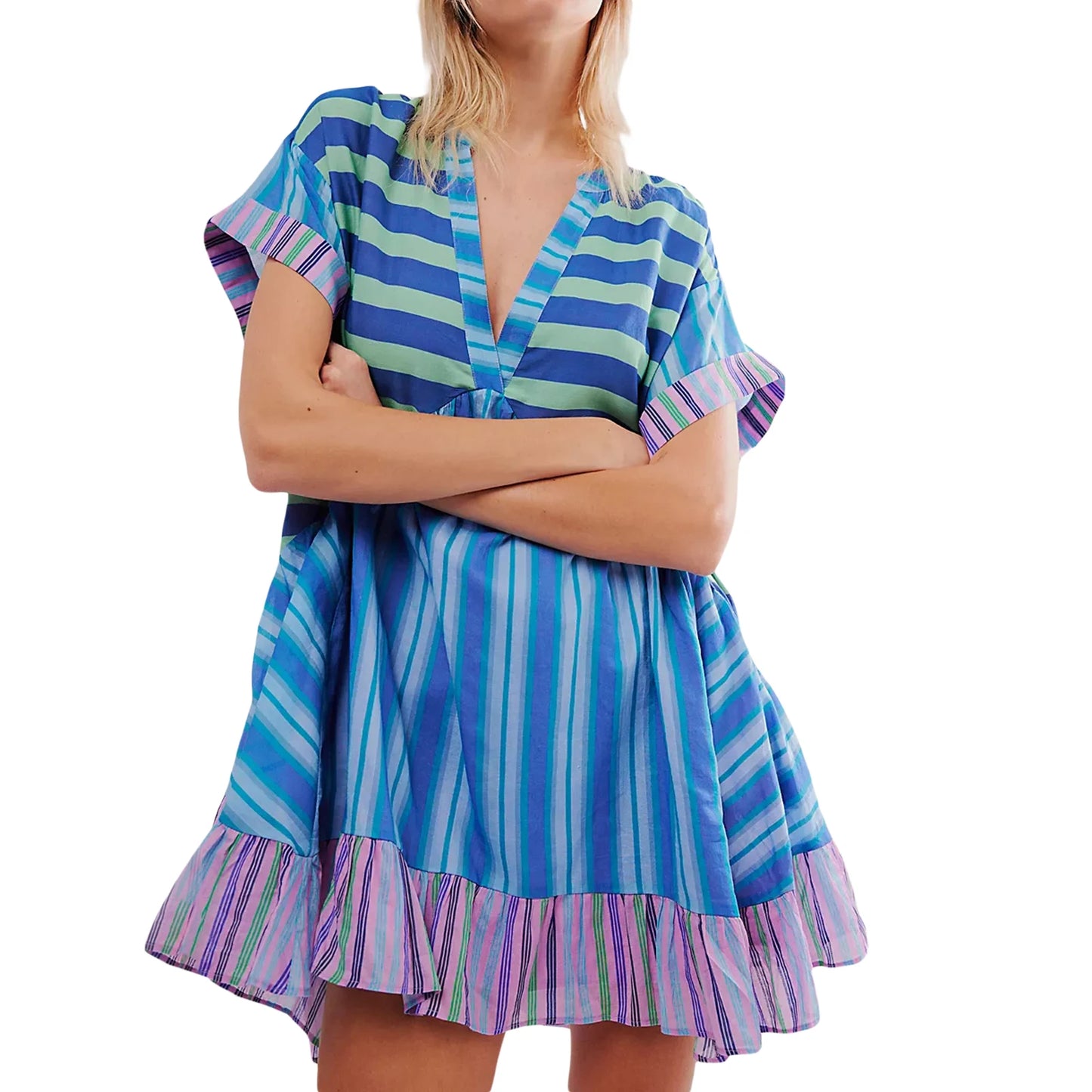 Women s Sleeveless Dress with Ruffle Hem in Tropical Print Summer Boho Beach Dress with Pockets