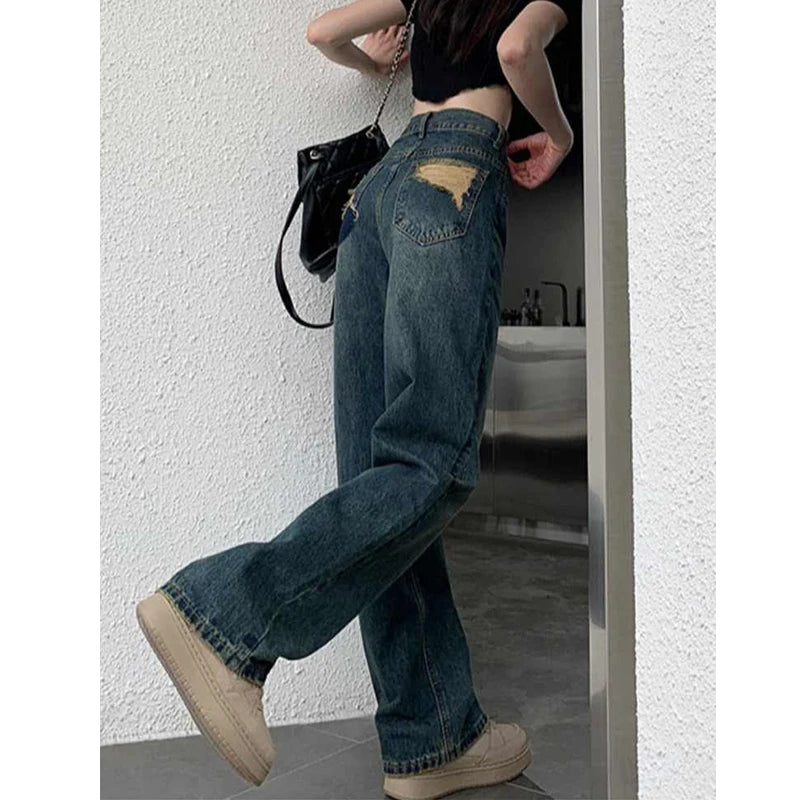 Wide Leg Jeans For Women High Waisted Contrasting Straight Leg Pant Autumn Loose Pants Streetwear