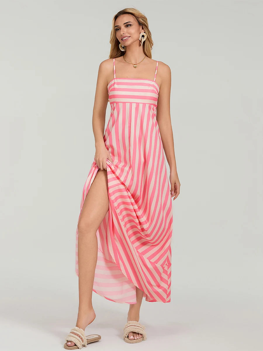 V-Neck Maxi Dress Boho Floral Print Sleeveless Flowy A-Line Beach Party Dress with Pockets
