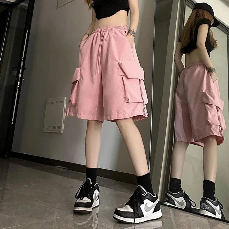 Women's High Waist Cargo Shorts American Style Streetwear Summer Wide Leg Pants Fashion Female Big Pocket Loose Shorts