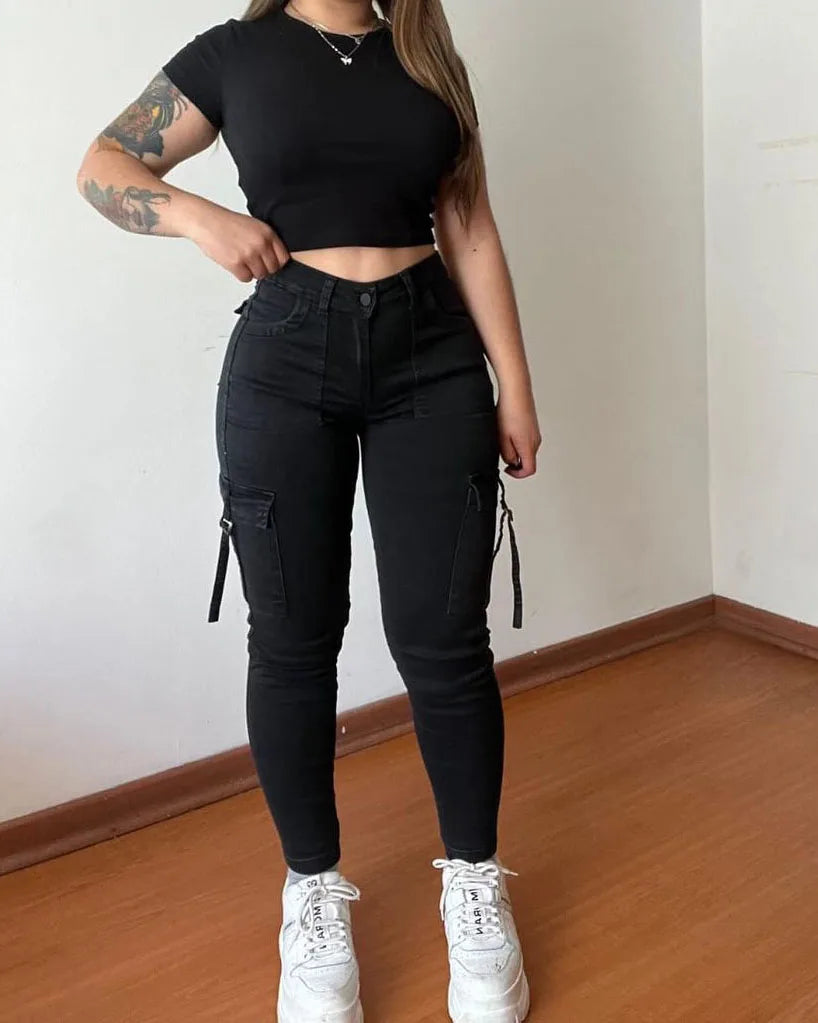 Vintage  Retro  High Waist  Casual  Cargo Pants