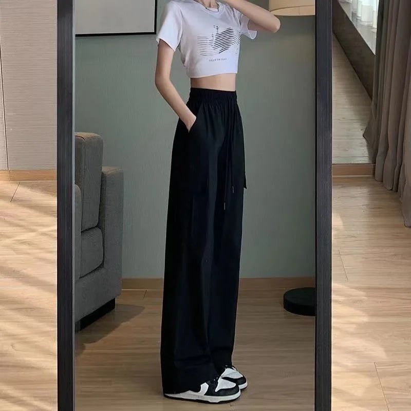 High Waist Pockets Drawstring Elastic Casual Sports Wide Leg  Trousers