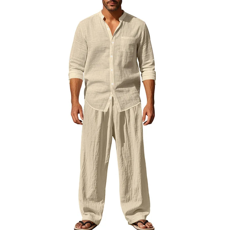Spring and Summer Men's Suit Linen Casual Loose Breathable Long Sleeves Shirt Trousers 2 pc Set of Beach Vacation Essential