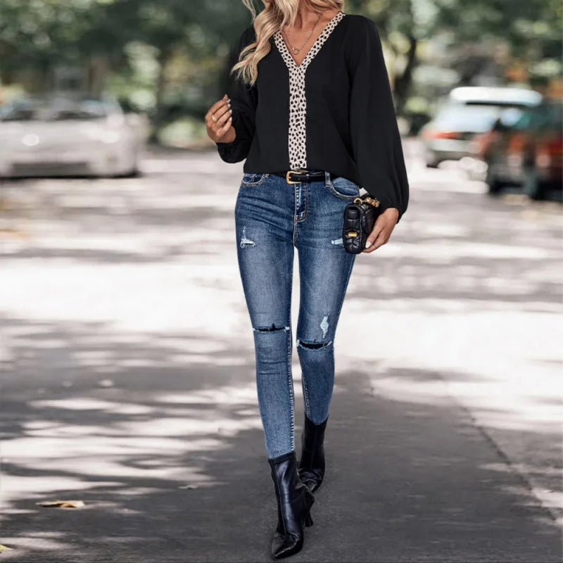 Long Sleeve Blouses Women Leopard Print Trim Chiffon Tops V Neck Loose Business Shirts Casual Work Tunic