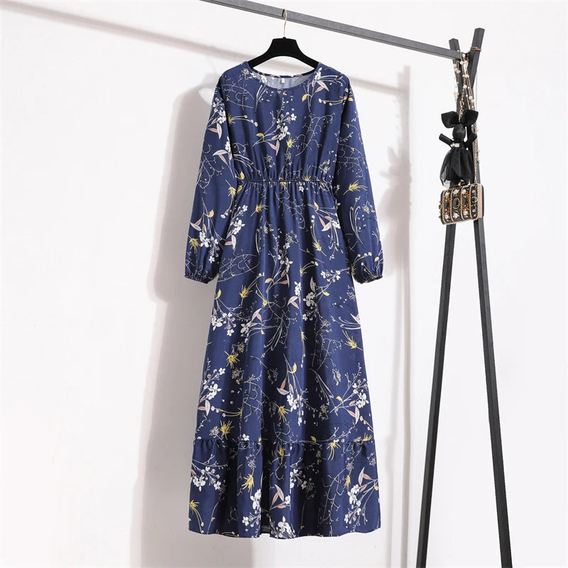 Spring Summer Women Maxi Dresses Casual Full Sleeve Floral Printed O-neck Woman Boho Beach Party Long Dress