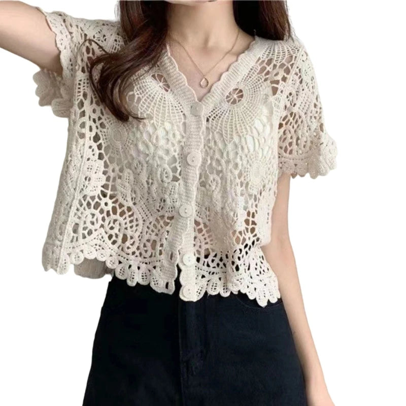 Women French Style Short Sleeve Lace Hollow Out Crochet Knit   V-Neck Button Down Sheer Crop