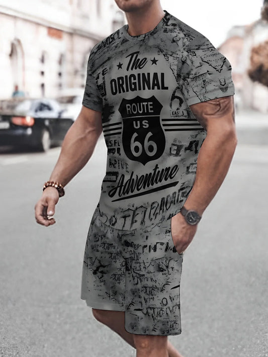 Men's adult Set 3D printed breathable and lightweight short sleeve and Shorts 2-piece adult outdoor casual set