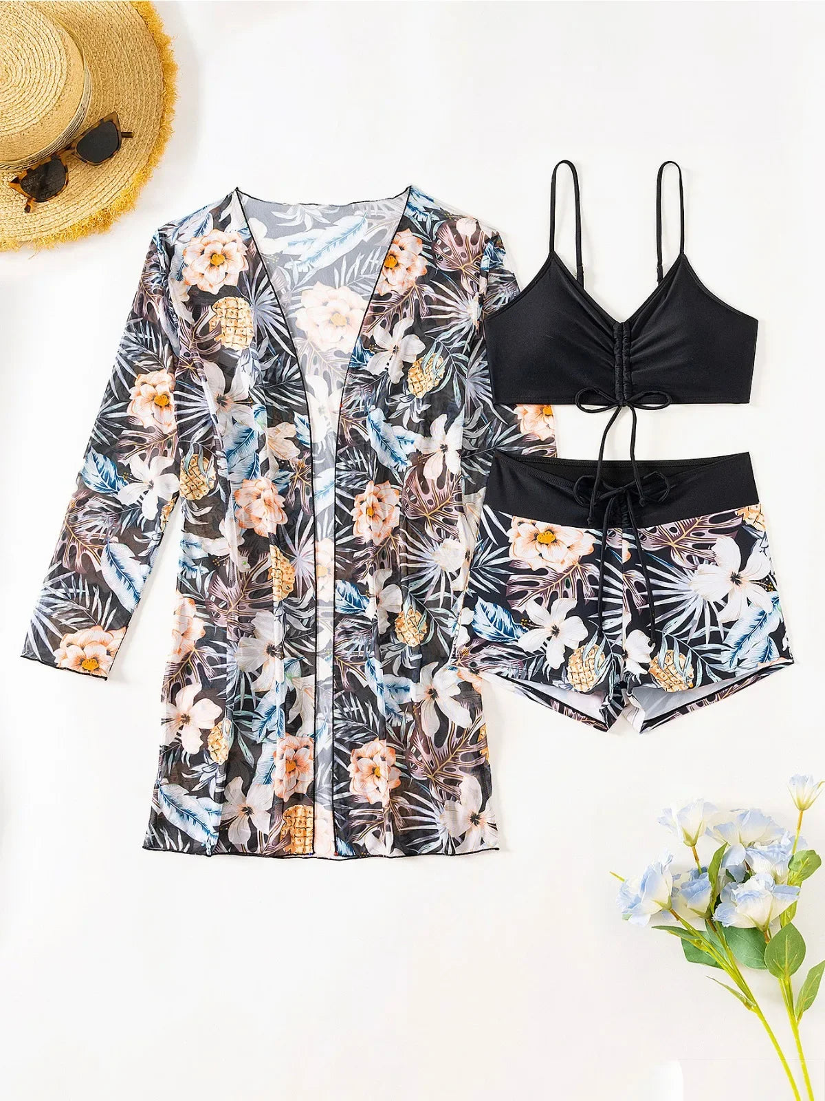 Women's Flower Print Three Piece Swimsuit Long Sleeve Mesh Sunscreen Cover-up Bikini Set High Waist Lace-up Swimwear