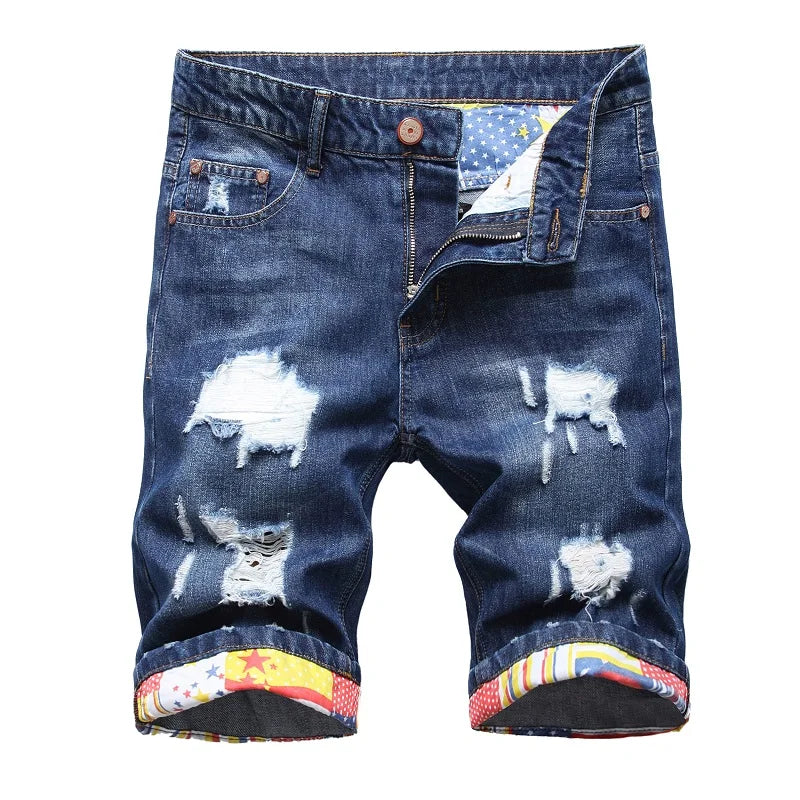 Hip Hop Ripped Fashion Denim Shorts Blue New Style Stretch Straight Personalized Retro Nostalgic Trendy Pants Jeans Shorts