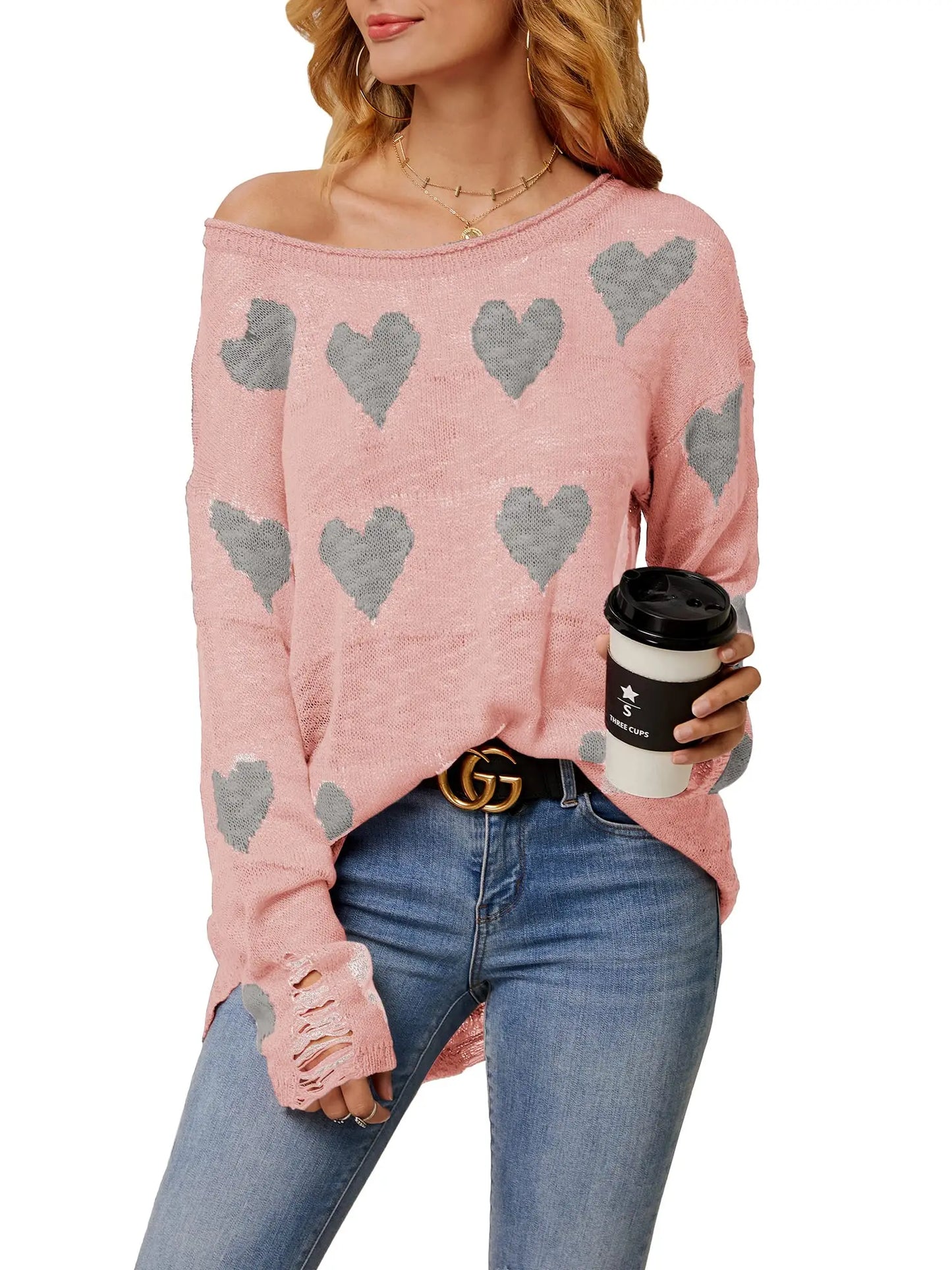 Women's  Heart Print Knitted Sweaters Soft Oversized Off The Shoulder Loose Knitted Valentine Pullover
